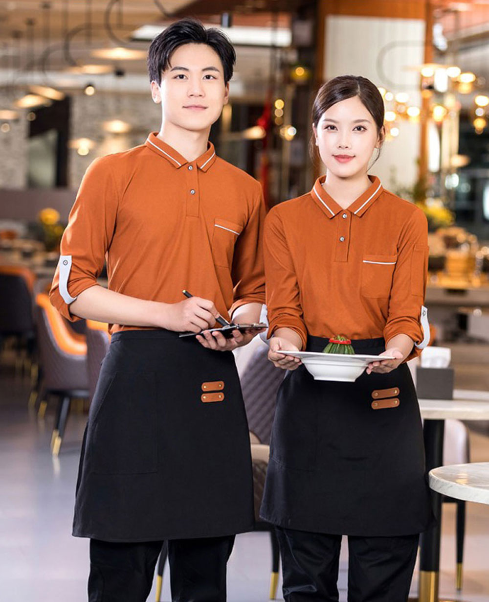 Đồng phục nhà hàng màu nâu cam cổ viền trắng