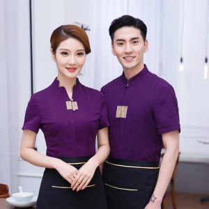 Đồng phục nhà hàng Thái Lan cộc tay màu tím phối quần đen, form Slim Fit, vải Kate Silk 