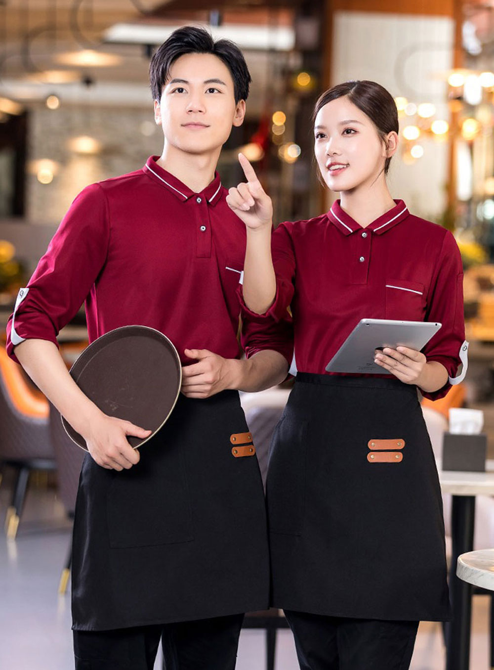 Đồng phục nhà hàng dài tay có cổ nhà hàng màu đỏ