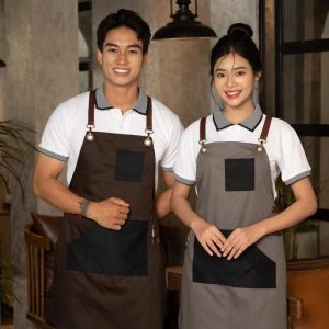 Đồng phục tạp dề dáng yếm ghi đen dây đeo da hiện đại