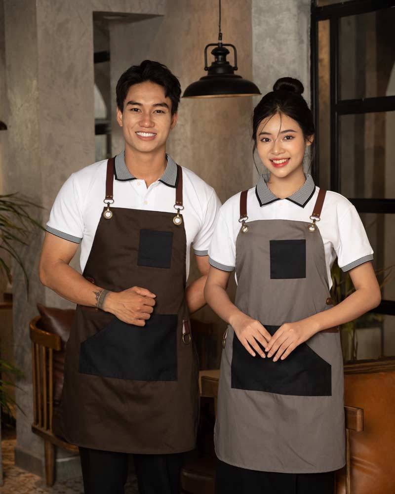 Đồng phục tạp dề dáng yếm ghi đen dây đeo da hiện đại