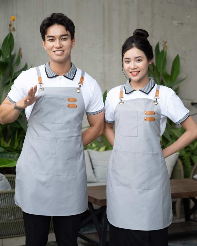 Đồng phục tạp dề dáng yếm dây da màu ghi thời trang
