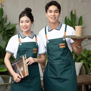 Đồng phục tạp dề dáng yếm màu xanh trẻ trung hiện đại