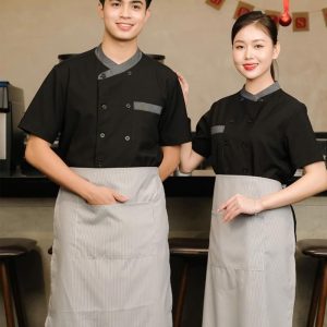 Đồng phục tạp dề vải trơn màu xám kết hợp áo sơ mi đen