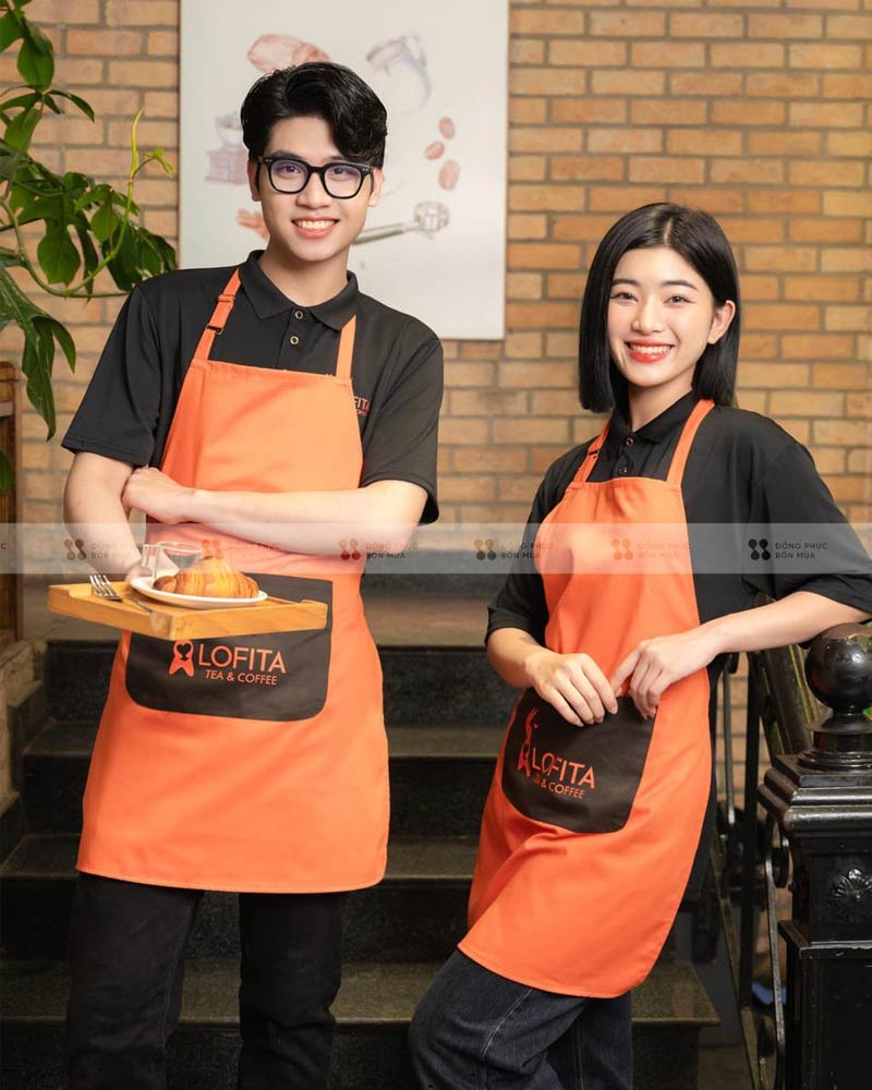 Tạp dề đồng phục màu cam quán trà cafe Lofita