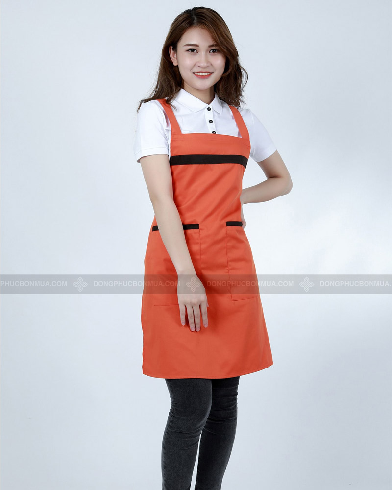 Đồng phục tạp dề yếm cao cấp màu cam phối đen dáng thẳng