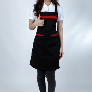 Đồng phục tạp dề tiệm nail màu đen phối viền ngang màu đỏ