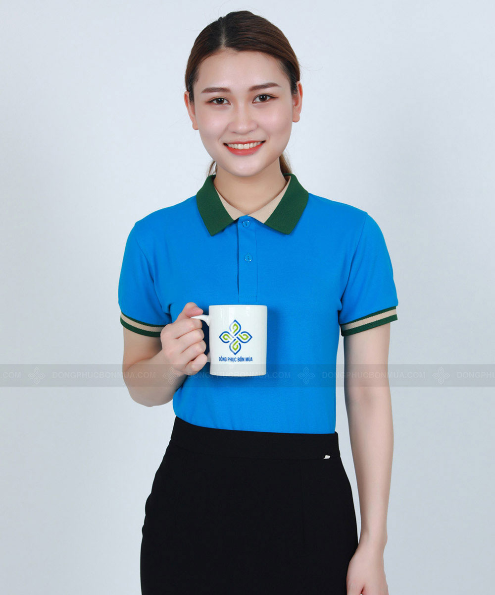 Áo thun đồng phục xanh ya phối cổ xanh lá be