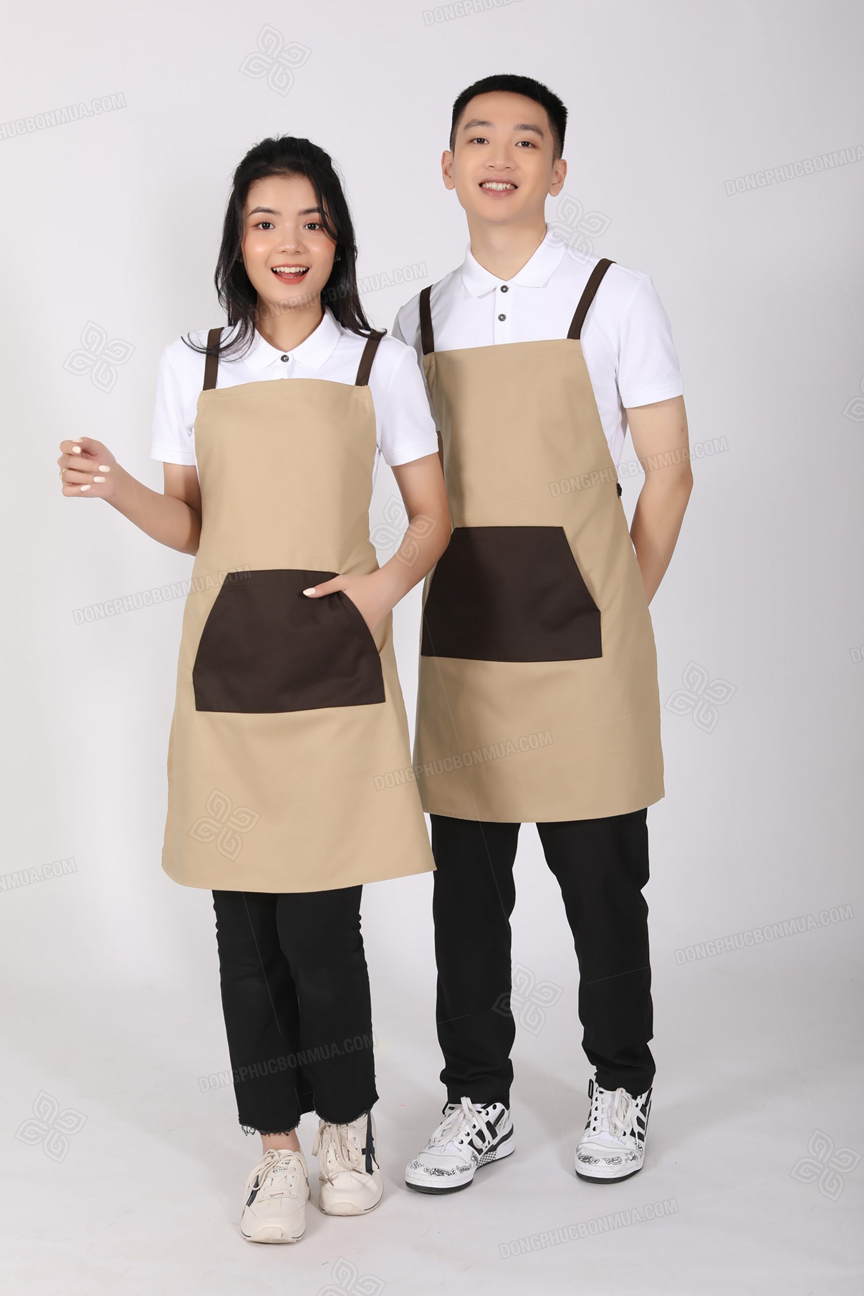 Tạp dề cà phê màu be phối túi nâu thiết kế đẹp, form Loose Fit, vải kaki [Giá rẻ] 