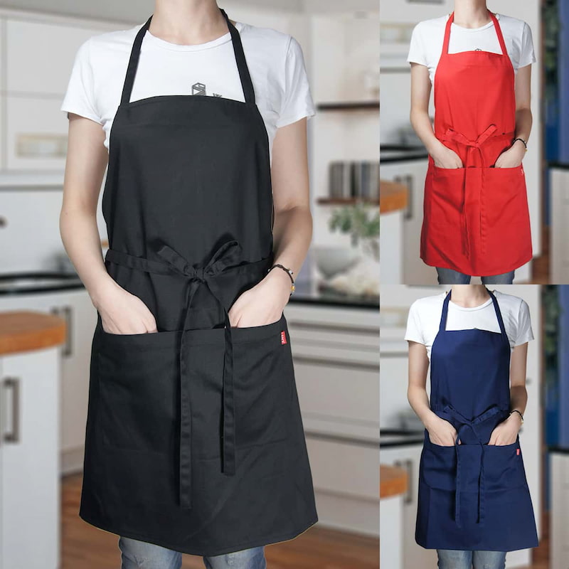 Tạp dề cắt tóc dạng yếm kết hợp hai túi và dây cột eo phía trước 