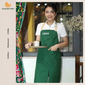 Tạp dề quán trà sữa mẫu nền xanh có logo