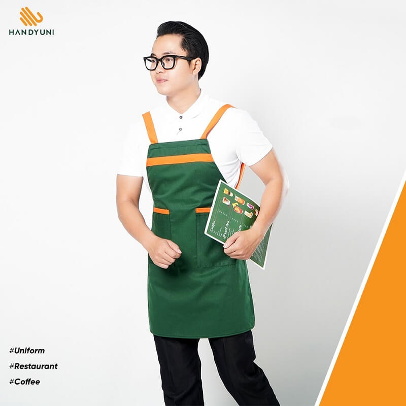 Tạp dề quán trà sữa màu xanh phối viền vàng